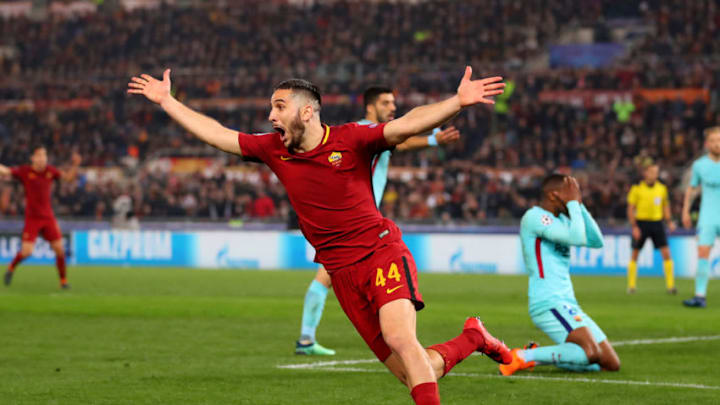 ROME, ITALY - APRIL 10: Kostas Manolas of AS Roma celebrates after scoring his sisdes third goal UEFA Champions League Quarter Final Second Leg match between AS Roma and FC Barcelona at Stadio Olimpico on April 10, 2018 in Rome, Italy. (Photo by Catherine Ivill/Getty Images)