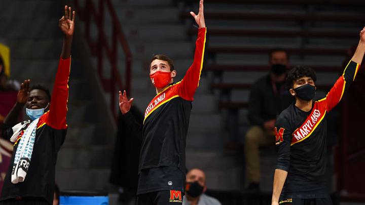 Jan 23, 2021; Minneapolis, Minnesota, USA; Maryland Terrapins players on the bench react after a scoring play during the second half against the Minnesota Gophers at Williams Arena. Mandatory Credit: Harrison Barden-USA TODAY Sports Jan 23, 2021; Minneapolis, Minnesota, USA; Maryland Terrapins players on the bench react after a scoring play during the second half against the Minnesota Gophers at Williams Arena. Mandatory Credit: Harrison Barden-USA TODAY Sports