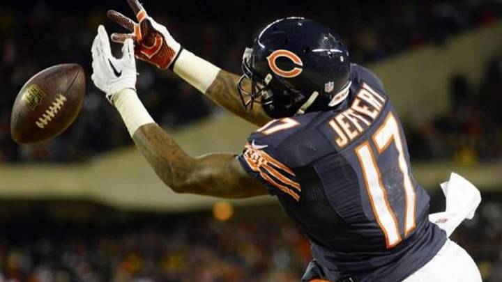 Dec 29, 2013; Chicago, IL, USA; Chicago Bears wide receiver Alshon Jeffery (17) attempts to make a catch against the Green Bay Packers during the fourth quarter at Soldier Field. The Green Bay Packers win 33-28. Mandatory Credit: Mike DiNovo-USA TODAY Sports