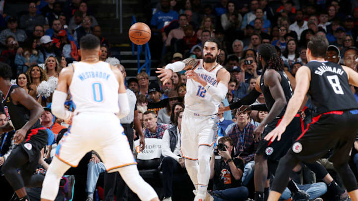 OKLAHOMA CITY, OK- DECEMBER 15: Steven Adams #12 of the Oklahoma City Thunder passes the ball against the LA Clippers on December 15, 2018 at Chesapeake Energy Arena in Oklahoma City, Oklahoma. NOTE TO USER: User expressly acknowledges and agrees that, by downloading and or using this photograph, User is consenting to the terms and conditions of the Getty Images License Agreement. Mandatory Copyright Notice: Copyright 2018 NBAE (Photo by Zach Beeker/NBAE via Getty Images)