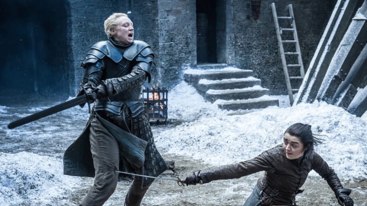 Gwendoline Christie and Maisie Williams in Game of Thrones.