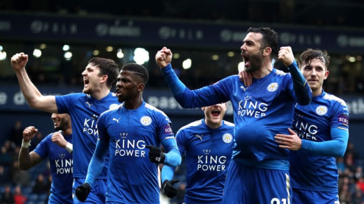 WEST BROMWICH, ENGLAND - MARCH 10: Vicente Iborra of Leicester City celebrates after scoring his sides fourth goal with his Leicester City team mates during the Premier League match between West Bromwich Albion and Leicester City at The Hawthorns on March 10, 2018 in West Bromwich, England. (Photo by Clive Mason/Getty Images)