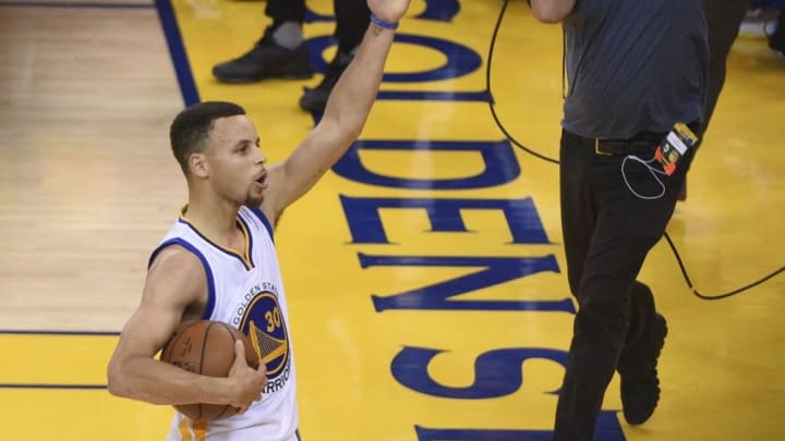 May 11, 2016; Oakland, CA, USA; Golden State Warriors guard Stephen Curry (30) celebrates during the fourth quarter in game five of the second round of the NBA Playoffs against the Portland Trail Blazers at Oracle Arena. The Warriors defeated the Trail Blazers 125-121. Mandatory Credit: Kyle Terada-USA TODAY Sports