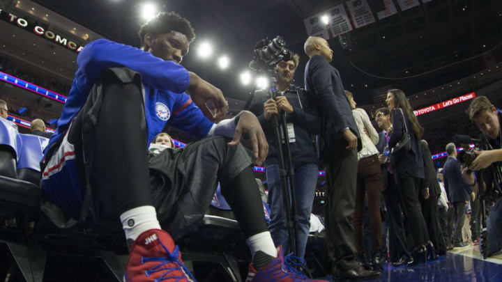 PHILADELPHIA, PA - OCTOBER 26: Joel Embiid #21 of the Philadelphia 76ers sits on the bench prior to the game against the Oklahoma City Thunder at Wells Fargo Center on October 26, 2016 in Philadelphia, Pennsylvania. NOTE TO USER: User expressly acknowledges and agrees that, by downloading and or using this photograph, User is consenting to the terms and conditions of the Getty Images License Agreement. The Thunder defeated the 76ers 103-97. (Photo by Mitchell Leff/Getty Images)
