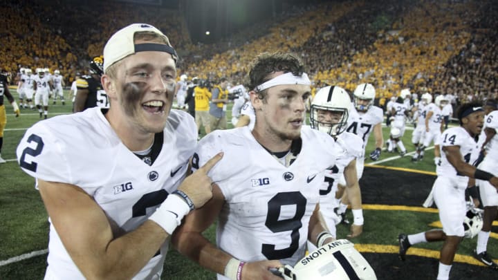 IOWA CITY, IOWA- SEPTEMBER 23: Quarterbacks Tommy Stevens #2 and Trace McSorley #9 of the Penn State Nittany Lions celebrate after defeating the Iowa Hawkeyes on September 23, 2017 at Kinnick Stadium in Iowa City, Iowa. (Photo by Matthew Holst/Getty Images)