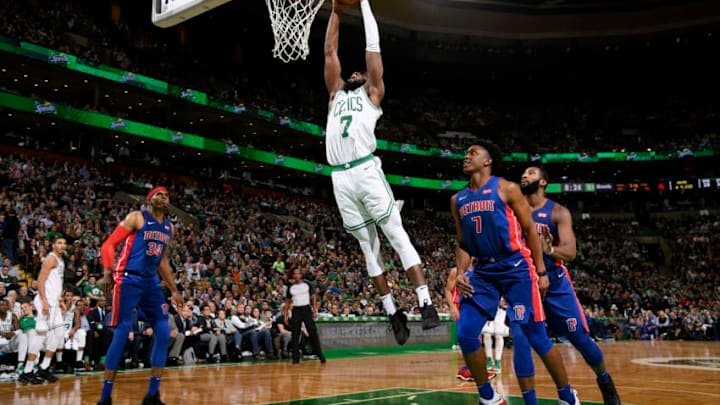 BOSTON, MA - NOVEMBER 27: Jaylen Brown #7 of the Boston Celtics dunks the ball against the Detroit Pistons on November 27, 2017 at the TD Garden in Boston, Massachusetts. NOTE TO USER: User expressly acknowledges and agrees that, by downloading and/or using this photograph, user is consenting to the terms and conditions of the Getty Images License Agreement. Mandatory Copyright Notice: Copyright 2017 NBAE (Photo by Brian Babineau/NBAE via Getty Images)