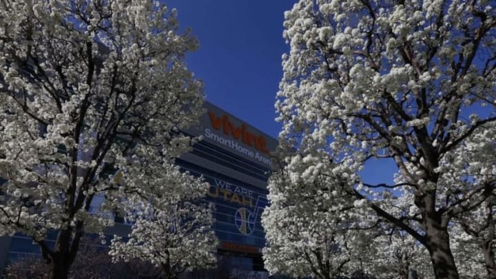 Apr 1, 2016; Salt Lake City, UT, USA; The trees in full bloom and a general view of at Vivint Smart Home Arena where the Utah Jazz will play the Minnesota Timberwolves. Mandatory Credit: Jeff Swinger-USA TODAY Sports