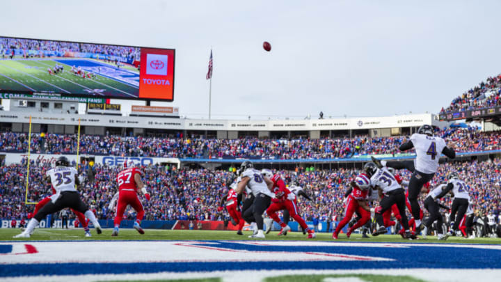 ORCHARD PARK, NY - DECEMBER 08: Sam Koch #4 of the Baltimore Ravens punts the ball away during the second quarter against the Buffalo Bills at New Era Field on December 8, 2019 in Orchard Park, New York. Baltimore defeats Buffalo 24-17. (Photo by Brett Carlsen/Getty Images)