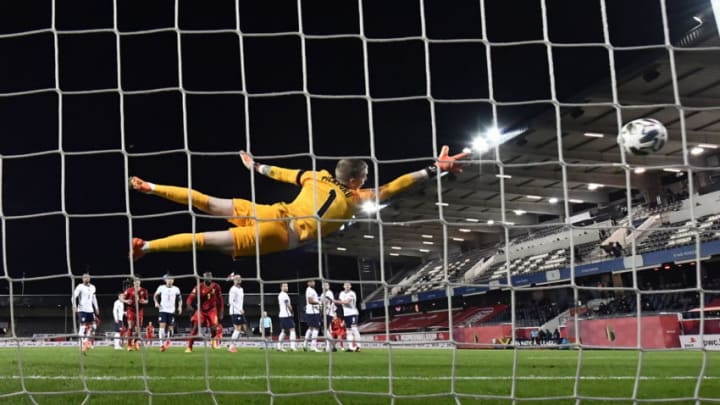 England's goalkeeper Jordan Pickford (Photo by DIRK WAEM/BELGA MAG/AFP via Getty Images)