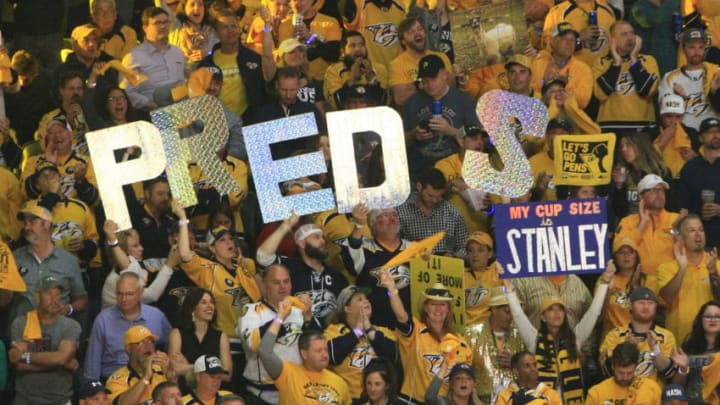NASHVILLE, TN - JUNE 11: Fans of the Nashville Predators are shown during Game 6 of the Stanley Cup Final between the Nashville Predators and the Pittsburgh Penguins, held on June 11, 2017, at Bridgestone Arena in Nashville, Tennessee. Pittsburgh won the game 2-0. (Photo by Danny Murphy/Icon Sportswire via Getty Images)