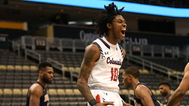 PITTSBURGH, PA - DECEMBER 10: Koby Thomas #10 of the Robert Morris Colonials reacts after a slam dunk in the second half during the game against the Drexel Dragons at PPG Paints Arena on December 10, 2017 in Pittsburgh, Pennsylvania. (Photo by Justin Berl/Getty Images)