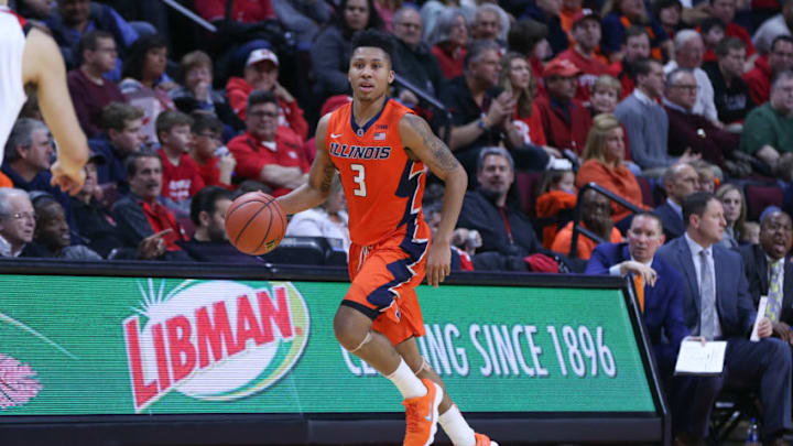 PISCATAWAY, NJ - FEBRUARY 25: Illinois Fighting Illini guard Te'Jon Lucas (3) during the first half of the College Basketball Game between the Rutgers Scarlet Knights and the Illinois Fighting Illini on February 25, 2018, at the Louis Brown Athletic Center in Piscataway, NJ. (Photo by Rich Graessle/Icon Sportswire via Getty Images)