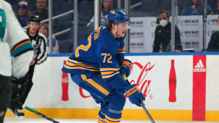 BUFFALO, NY - JANUARY 6: Tage Thompson #72 of the Buffalo Sabres skates up ice with the puck during the second period against the San Jose Sharks at KeyBank Center on January 6, 2022 in Buffalo, New York. (Photo by Kevin Hoffman/Getty Images)