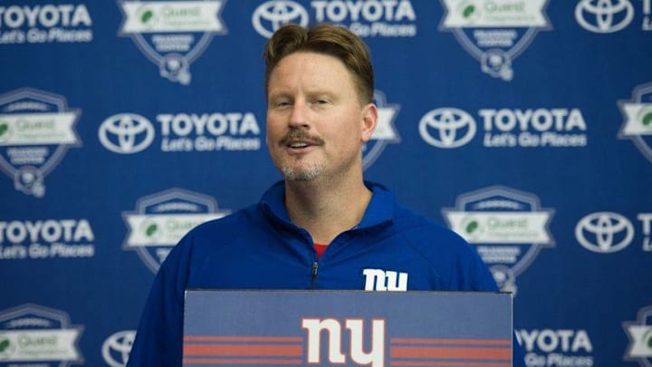Jul 30, 2016; East Rutherford, NJ, USA; New York Giants head coach Ben McAdoo at the podium after the second day of training camp at Quest Diagnostics Training Center. Mandatory Credit: William Hauser-USA TODAY Sports