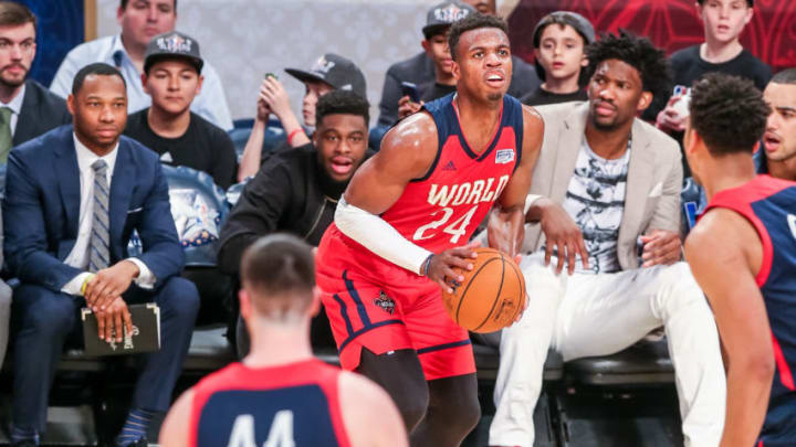 NEW ORLEANS, LA - FEBRUARY 17: Team World forward Buddy Hield looks to shoot during the BBVA Rising Stars Challenge game between USA and the World on February 17, 2017 at Smoothie King Center in New Orleans, LA. World won 150-141. (Photo by Stephen Lew/Icon Sportswire via Getty Images)