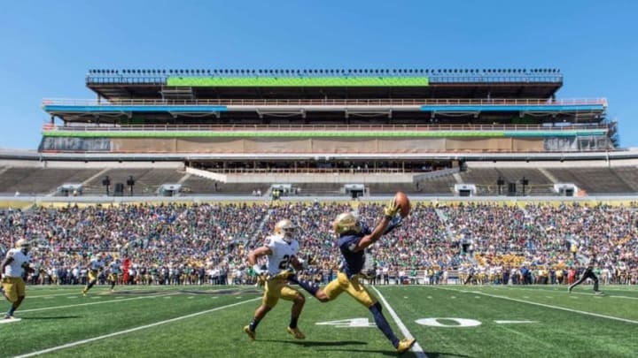 Apr 16, 2016; South Bend, IN, USA; Notre Dame Fighting Irish wide receiver Kevin Stepherson (29) attempt to catch a pass as safety Ashton White (26) defends in the first quarter of the Blue-Gold Game at Notre Dame Stadium. The Blue team defeated the Gold team 17-7. Mandatory Credit: Matt Cashore-USA TODAY Sports