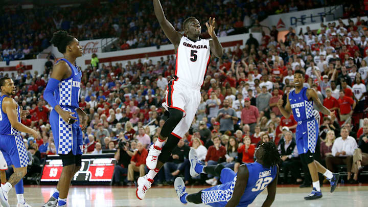 Feb 18, 2017; Athens, GA, USA; Georgia Bulldogs forward Pape Diatta (5) shoots the ball against the Kentucky Wildcats in the second half at Stegeman Coliseum. Kentucky won 82-77. Mandatory Credit: Brett Davis-USA TODAY Sports