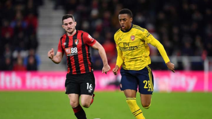 BOURNEMOUTH, ENGLAND – JANUARY 27: Lewis Cook of Bournemouth tackles Joe Willock of Arsenal during the FA Cup Fourth Round match between AFC Bournemouth and Arsenal at Vitality Stadium on January 27, 2020 in Bournemouth, England. (Photo by Justin Setterfield/Getty Images)