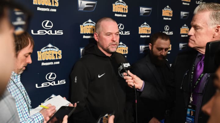 DENVER, CO - MARCH 15: Head Coach Michael Malone of the Denver Nuggets talks with media before the game against the Detroit Pistons on March 15, 2018 at the Pepsi Center in Denver, Colorado. NOTE TO USER: User expressly acknowledges and agrees that, by downloading and/or using this photograph, user is consenting to the terms and conditions of the Getty Images License Agreement. Mandatory Copyright Notice: Copyright 2018 NBAE (Photo by Garrett Ellwood/NBAE via Getty Images)