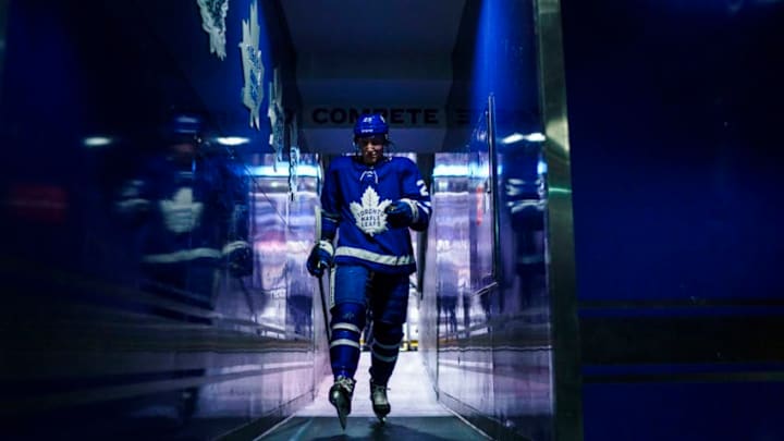 TORONTO, ON - MARCH 28: Travis Dermott #23 of the Toronto Maple Leafs walks to the dressing room before playing the Florida Panthers at the Air Canada Centre on March 28, 2018 in Toronto, Ontario, Canada. (Photo by Mark Blinch/NHLI via Getty Images)