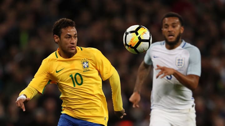 LONDON, ENGLAND - NOVEMBER 14: Neymar of Brazil in action during the international friendly match between England and Brazil at Wembley Stadium on November 14, 2017 in London, England. (Photo by Matthew Ashton - AMA/Getty Images)
