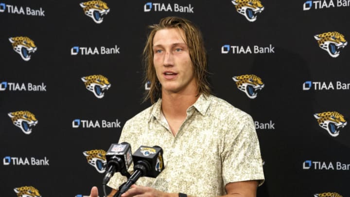 JACKSONVILLE, FL - AUGUST 14: Quarterback Trevor Lawrence #16 of the Jacksonville Jaguars addresses the media during a press conference following a preseason game against the Cleveland Browns at TIAA Bank Field on August 14, 2021 in Jacksonville, Florida. The Browns defeated the Jaguars 23-13. (Photo by Don Juan Moore/Getty Images)