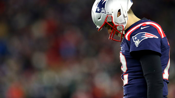 FOXBOROUGH, MASSACHUSETTS – DECEMBER 08: Tom Brady #12 of the New England Patriots looks on during the game against the Kansas City Chiefs at Gillette Stadium on December 08, 2019 in Foxborough, Massachusetts. (Photo by Maddie Meyer/Getty Images)