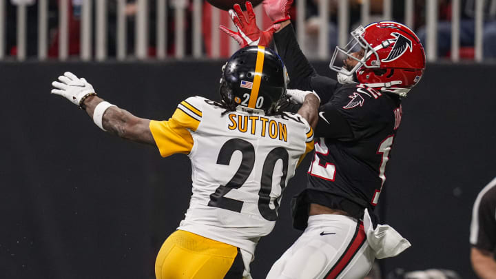 Dec 4, 2022; Atlanta, Georgia, USA; Pittsburgh Steelers cornerback Cameron Sutton (20) defends on a pass intended for Atlanta Falcons wide receiver KhaDarel Hodge (12) during the first half at Mercedes-Benz Stadium. Mandatory Credit: Dale Zanine-USA TODAY Sports