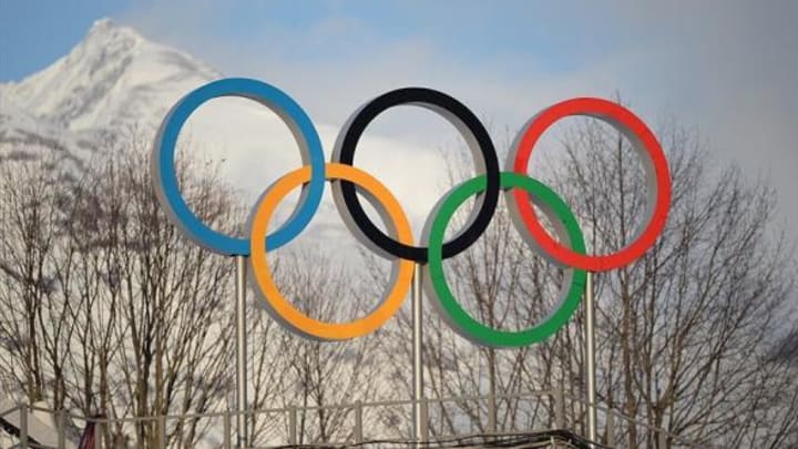 Feb 11, 2014; Krasnaya Polyana, RUSSIA; General view of the Olympic rings during the Sochi 2014 Olympic Winter Games at Laura Cross-Country Ski and Biathlon Center. Mandatory Credit: Kyle Terada-USA TODAY Sports
