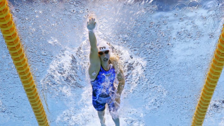 Katie Ledecky of Team USA competes in heat four of the Women's 800m Freestyle in the Tokyo 2020 Olympic Games. (Photo by Al Bello/Getty Images)