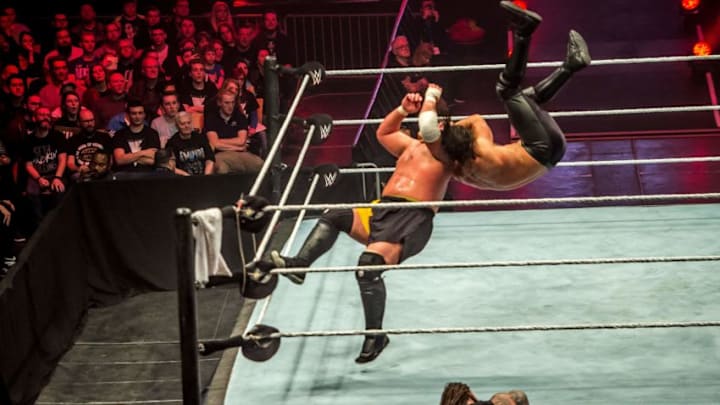 Seth and Samoa Joe (L) battle during the WWE show at Zenith Arena on may 09, 2017 in Lille, France. / AFP PHOTO / PHILIPPE HUGUEN (Photo credit should read PHILIPPE HUGUEN/AFP/Getty Images)