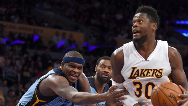 Apr 2, 2017; Los Angeles, CA, USA; Memphis Grizzlies forward Zach Randolph (50) reaches for Los Angeles Lakers forward Julius Randle (30) as he goes for a basket in the second half of the game at Staples Center. Lakers won 108-103. Mandatory Credit: Jayne Kamin-Oncea-USA TODAY Sports