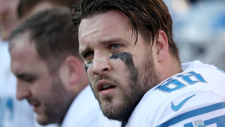 BALTIMORE, MD – DECEMBER 3: Offensive tackle Taylor Decker #68 of the Detroit Lions looks on from the bench against the Baltimore Ravens in the fourth quarter at M&T Bank Stadium on December 3, 2017 in Baltimore, Maryland. (Photo by Rob Carr/Getty Images)