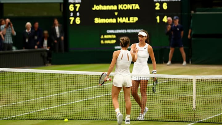 LONDON, ENGLAND - JULY 11: Johanna Konta of Great Britain and Simona Halep of Romania shakes hands after the Ladies Singles quarter final match on day eight of the Wimbledon Lawn Tennis Championships at the All England Lawn Tennis and Croquet Club on July 11, 2017 in London, England. (Photo by Michael Steele/Getty Images)