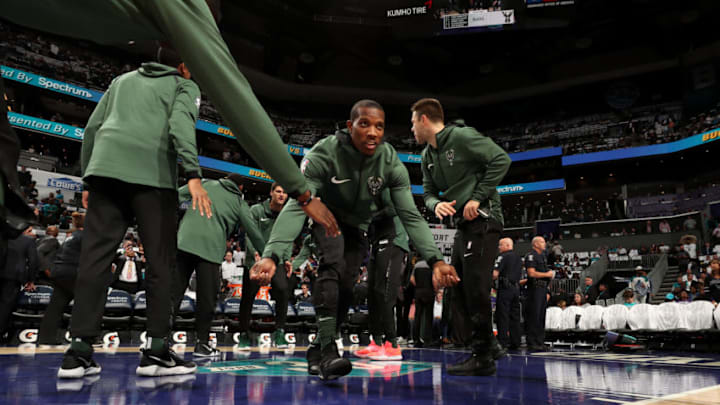 CHARLOTTE, NC - OCTOBER 17: Eric Bledsoe #6 of the Milwaukee Bucks is introduced during a game against the Charlotte Hornets on October 17, 2018 at Spectrum Center, in Charlotte, North Carolina. NOTE TO USER: User expressly acknowledges and agrees that, by downloading and/or using this Photograph, user is consenting to the terms and conditions of the Getty Images License Agreement. Mandatory Copyright Notice: Copyright 2018 NBAE (Photo by Kent Smith/NBAE via Getty Images)