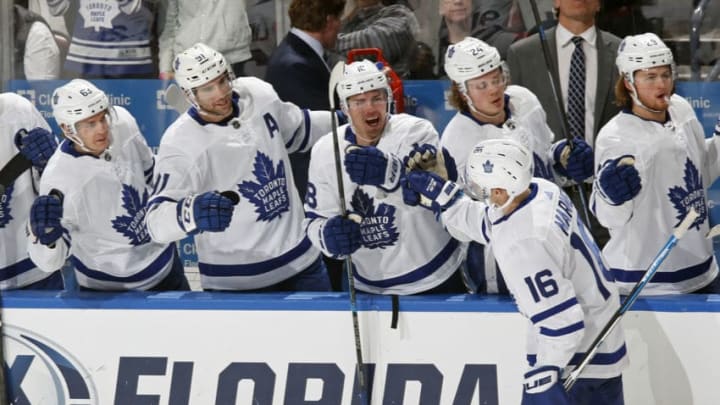 SUNRISE, FL - DECEMBER 15: Teammates congratulate Mitch Marner #16 of the Toronto Maple Leafs after he scored his second goal of the third period against the Florida Panthers at the BB&T Center on December 15, 2018 in Sunrise, Florida. the Panthers defeated the Maple Leafs 4-3 in overtime. (Photo by Joel Auerbach/Getty Images)