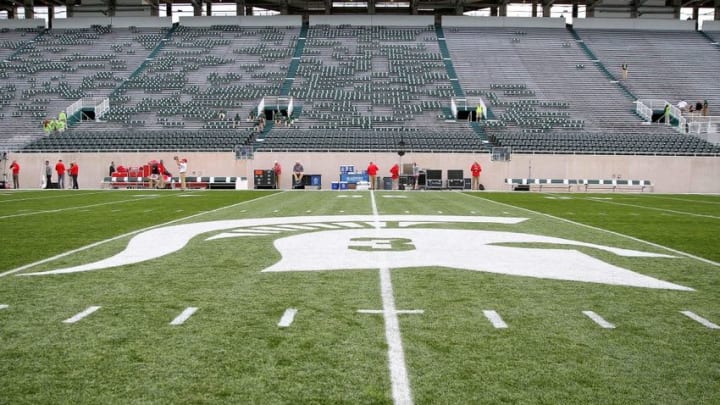 Sep 24, 2016; East Lansing, MI, USA; General view of mid-field logo honoring former Michigan State Spartans punter Mike Sadler prior to a game at Spartan Stadium. Mandatory Credit: Mike Carter-USA TODAY Sports