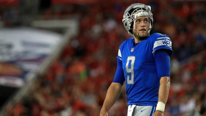 TAMPA, FL – AUGUST 24: Matthew Stafford #9 of the Detroit Lions looks on during a preseason game against the Tampa Bay Buccaneers at Raymond James Stadium on August 24, 2018 in Tampa, Florida. (Photo by Mike Ehrmann/Getty Images)