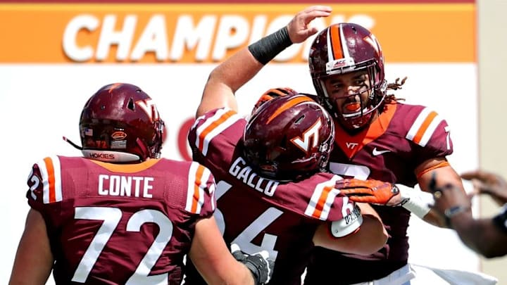 Sep 3, 2016; Blacksburg, VA, USA; Virginia Tech Hokies tight end Bucky Hodges (7) celebrates his touchdown against the Liberty Flames at Lane Stadium. Mandatory Credit: Peter Casey-USA TODAY Sports