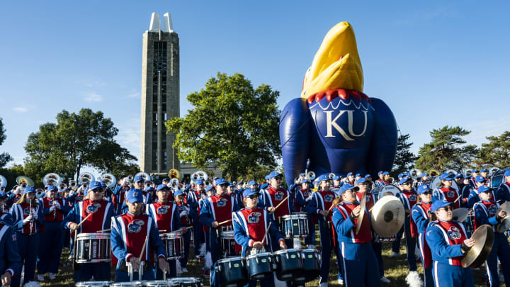 October 08, 2022; Lawrence, Kansas, USA; The Kansas Jayhawks marching band performs before a game against the TCU Horned Frogs at David Booth Kansas Memorial Stadium. Mandatory Credit: Jay Biggerstaff-USA TODAY Sports
