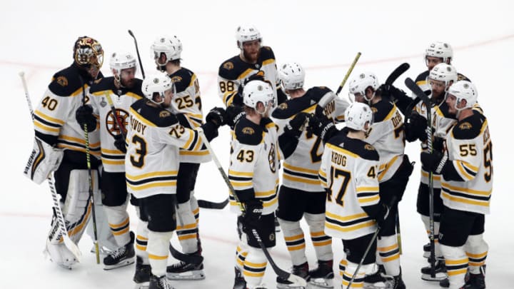 ST LOUIS, MISSOURI - JUNE 09: The Boston Bruins celebrate their 5-1 win over the St. Louis Blues in Game Six of the 2019 NHL Stanley Cup Final at Enterprise Center on June 09, 2019 in St Louis, Missouri. (Photo by Jamie Squire/Getty Images)