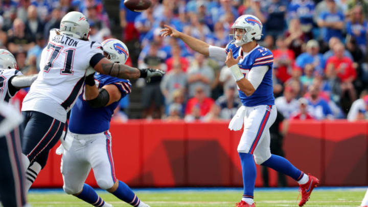 ORCHARD PARK, NY - SEPTEMBER 29: Danny Shelton #71 of the New England Patriots looks to knock down a pass by Josh Allen #17 of the Buffalo Bills during the second half at New Era Field on September 29, 2019 in Orchard Park, New York. Patriots beat the Bills 16 to 10. (Photo by Timothy T Ludwig/Getty Images)