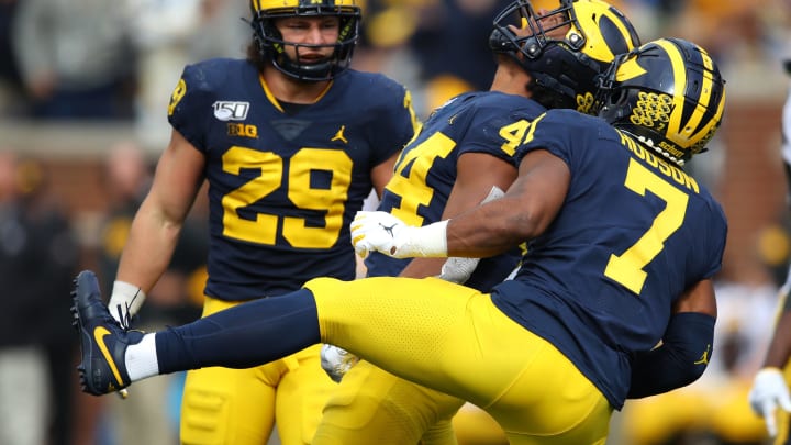 ANN ARBOR, MICHIGAN – OCTOBER 05: Cameron McGrone #44 of the Michigan Wolverines celebrates a fourth quarter sack against the Iowa Hawkeyes at Michigan Stadium on October 05, 2019 in Ann Arbor, Michigan. Michigan won the game 10-3. (Photo by Gregory Shamus/Getty Images)