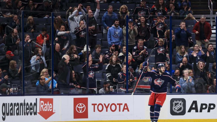 Sep 28, 2022; Columbus, Ohio, USA; Columbus Blue Jackets right wing Kirill Marchenko (86) celebrates scoring a goal against the Buffalo Sabres in the first period at Nationwide Arena. Mandatory Credit: Aaron Doster-USA TODAY Sports