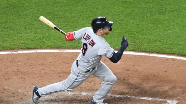 BALTIMORE, MD - JUNE 28 Jordan Luplow #8 of the Cleveland Indians takes a swing during a baseball game against the Baltimore Orioles at Oriole Park at Camden Yards on June 28, 2019 in Baltimore, Maryland. (Photo by Mitchell Layton/Getty Images)
