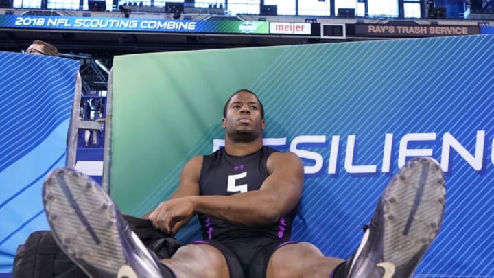 INDIANAPOLIS, IN - MARCH 02: Georgia running back Nick Chubb looks on after working out during the 2018 NFL Combine at Lucas Oil Stadium on March 2, 2018 in Indianapolis, Indiana. (Photo by Joe Robbins/Getty Images)