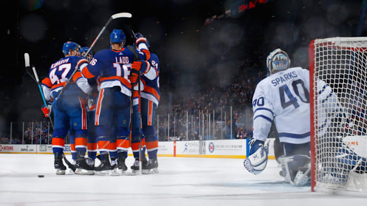 UNIONDALE, NY - FEBRUARY 28: Valtteri Filppula #51 of the New York Islanders celebrates his third period goal against the Toronto Maple Leafs at NYCB Live's Nassau Coliseum on February 28, 2019 in Uniondale, New York. (Photo by Mike Stobe/NHLI via Getty Images)