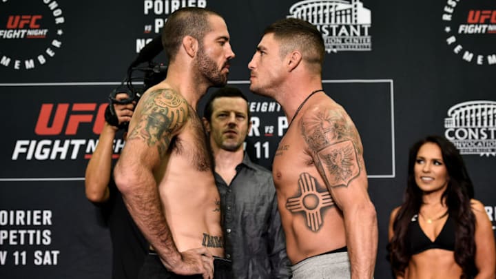 NORFOLK, VA - NOVEMBER 10: (L-R) Matt Brown and Diego Sanchez face off during the UFC Fight Night Weigh-in on November 10, 2017 in Norfolk, Virginia. (Photo by Brandon Magnus/Zuffa LLC/Zuffa LLC via Getty Images)
