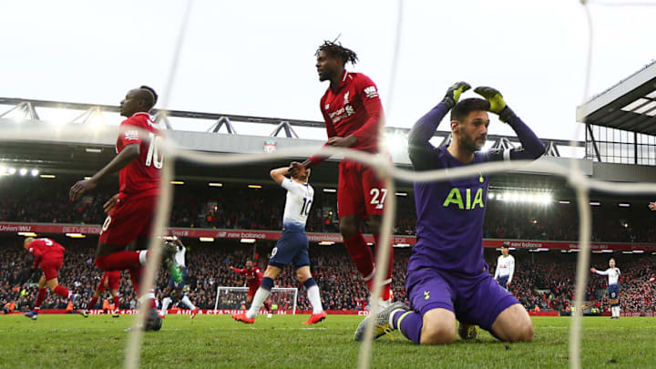 LIVERPOOL, ENGLAND - MARCH 31: Hugo Lloris of Tottenham Hotspur shows his dejection after team mate Toby Alderweireld (out of pic) scores an own goal giving a last minute victory to Liverpool during the Premier League match between Liverpool FC and Tottenham Hotspur at Anfield on March 31, 2019 in Liverpool, United Kingdom. (Photo by Clive Brunskill/Getty Images)