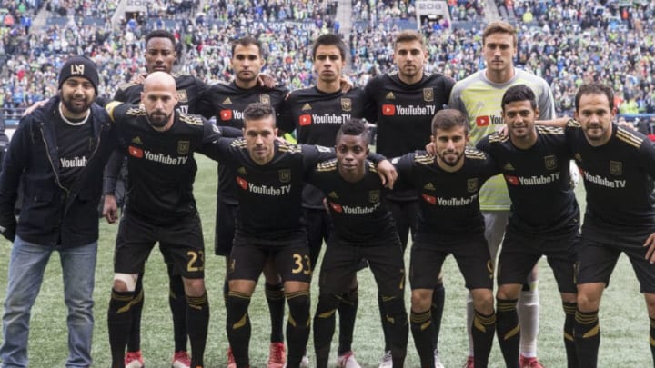 SEATTLE, WA - MARCH 4: The Los Angeles FC starting lineup poses for a photos before a match against the Seattle Sounders at CenturyLink Field on March 4, 2018 in Seattle, Washington. Los Angeles FC won 1-0. (Photo by Stephen Brashear/Getty Images)